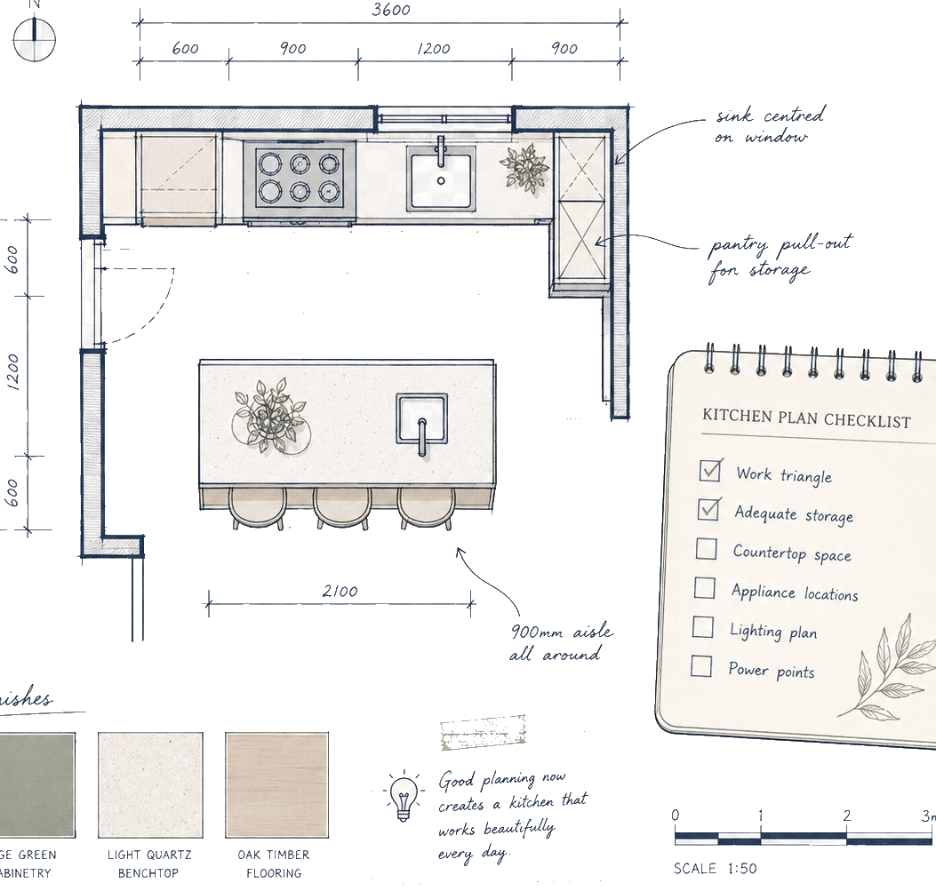 Cropped annotated kitchen floor plan