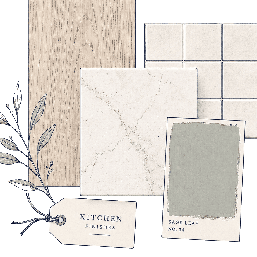 Kitchen finish sample swatch board fragment