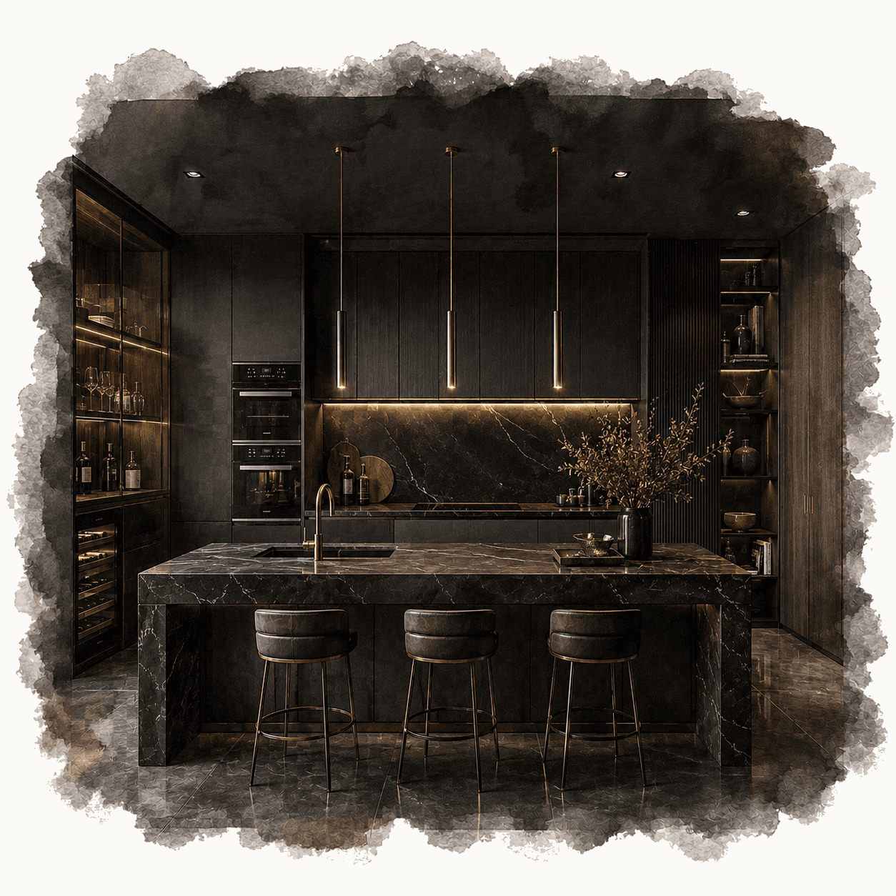 Illustration of a black luxury kitchen with marble island