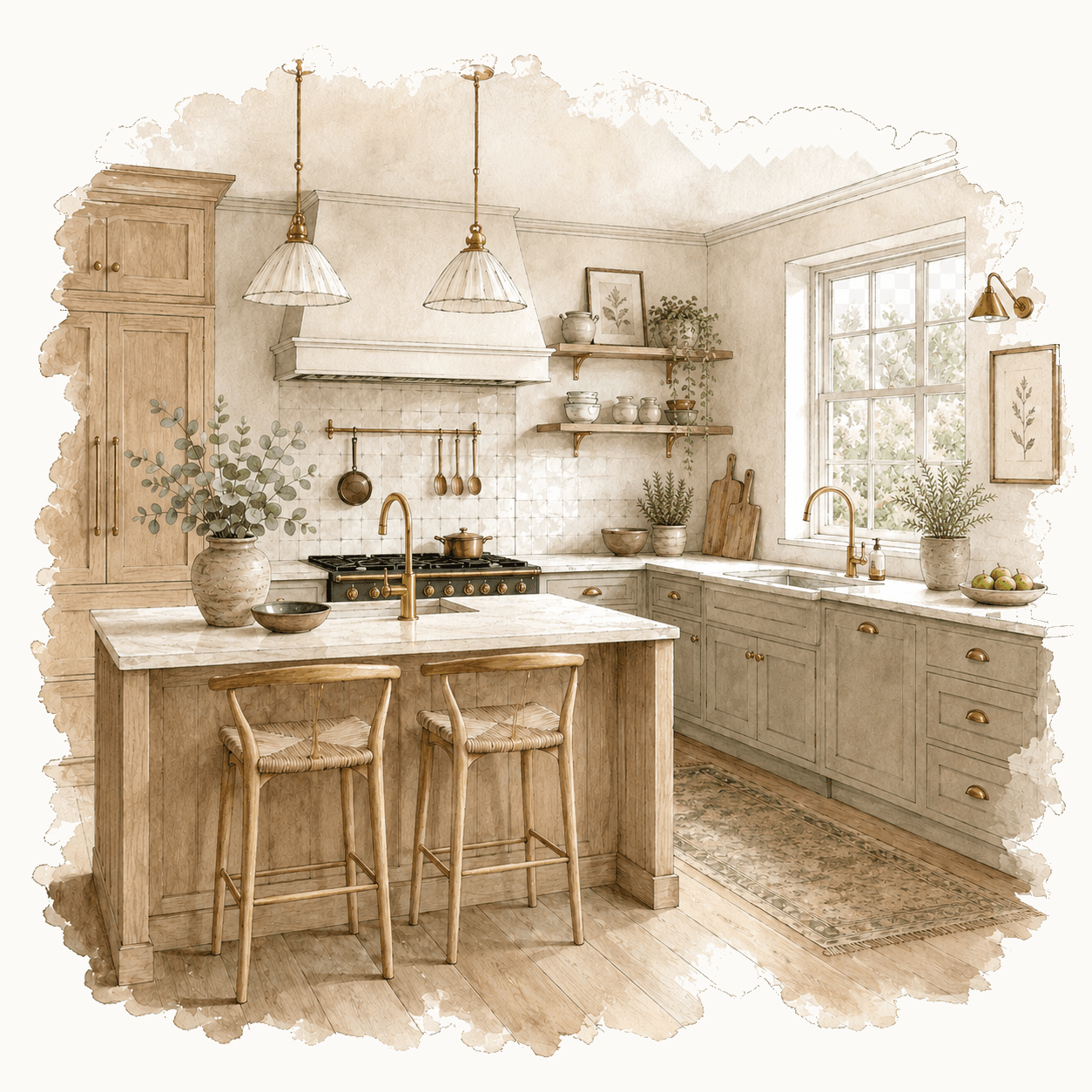 Illustration of a classic shaker kitchen with neutral wood finishes