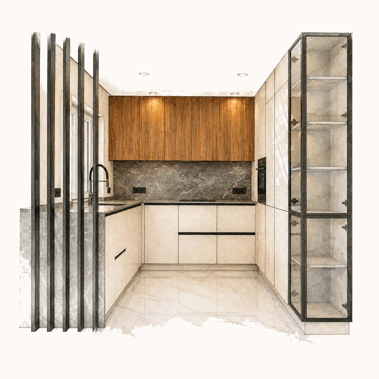 Illustration of a compact modern wood and glass kitchen