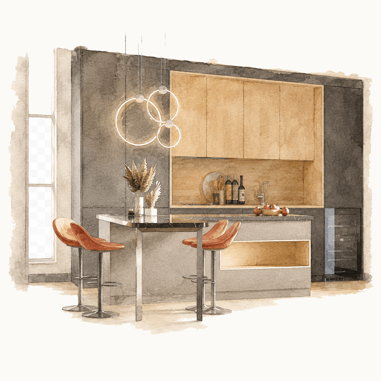 Illustration of a contemporary taupe and gold kitchen with breakfast bar
