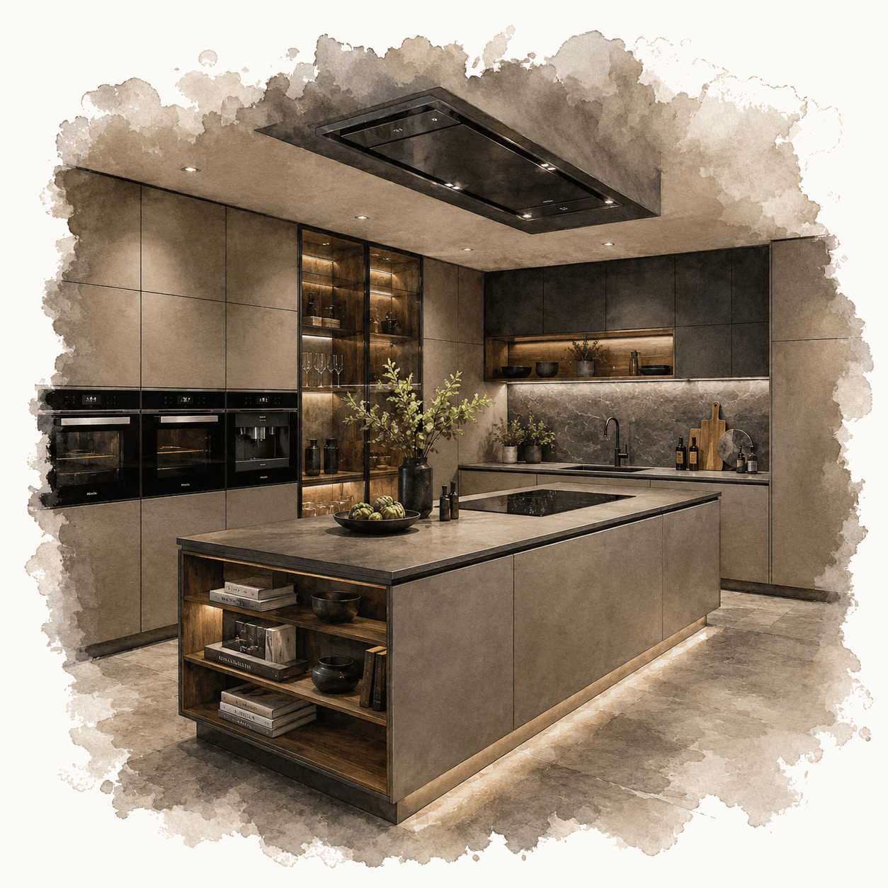 Illustration of a luxury dark modern kitchen with marble island