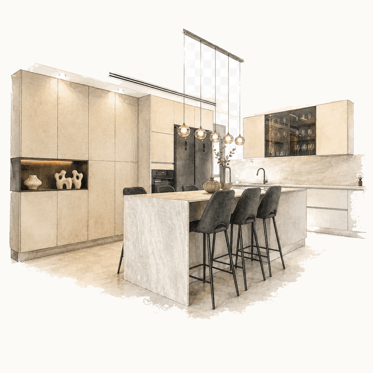 Illustration of a luxury modern cream marble kitchen with island