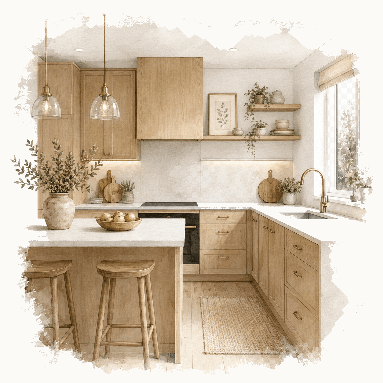 Illustration of a minimalist light wood kitchen with breakfast bar