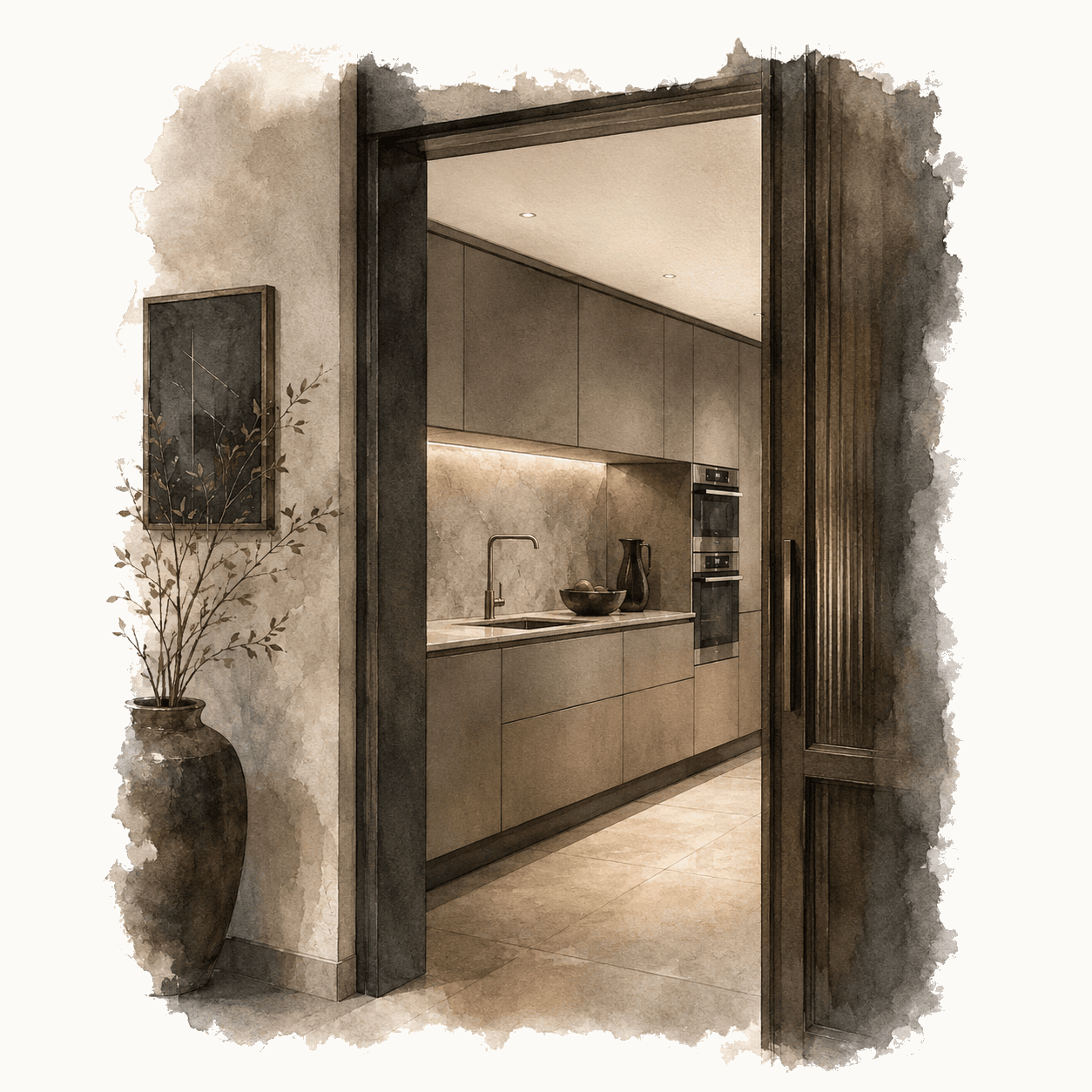 Illustration of a modern neutral kitchen viewed from a hallway
