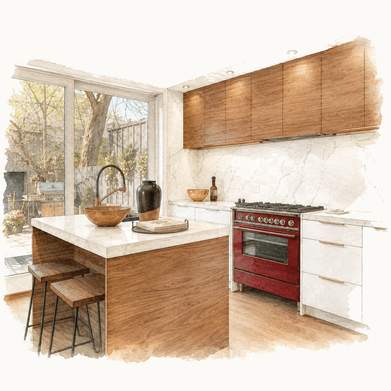 Illustration of a modern white and wood kitchen with red range cooker