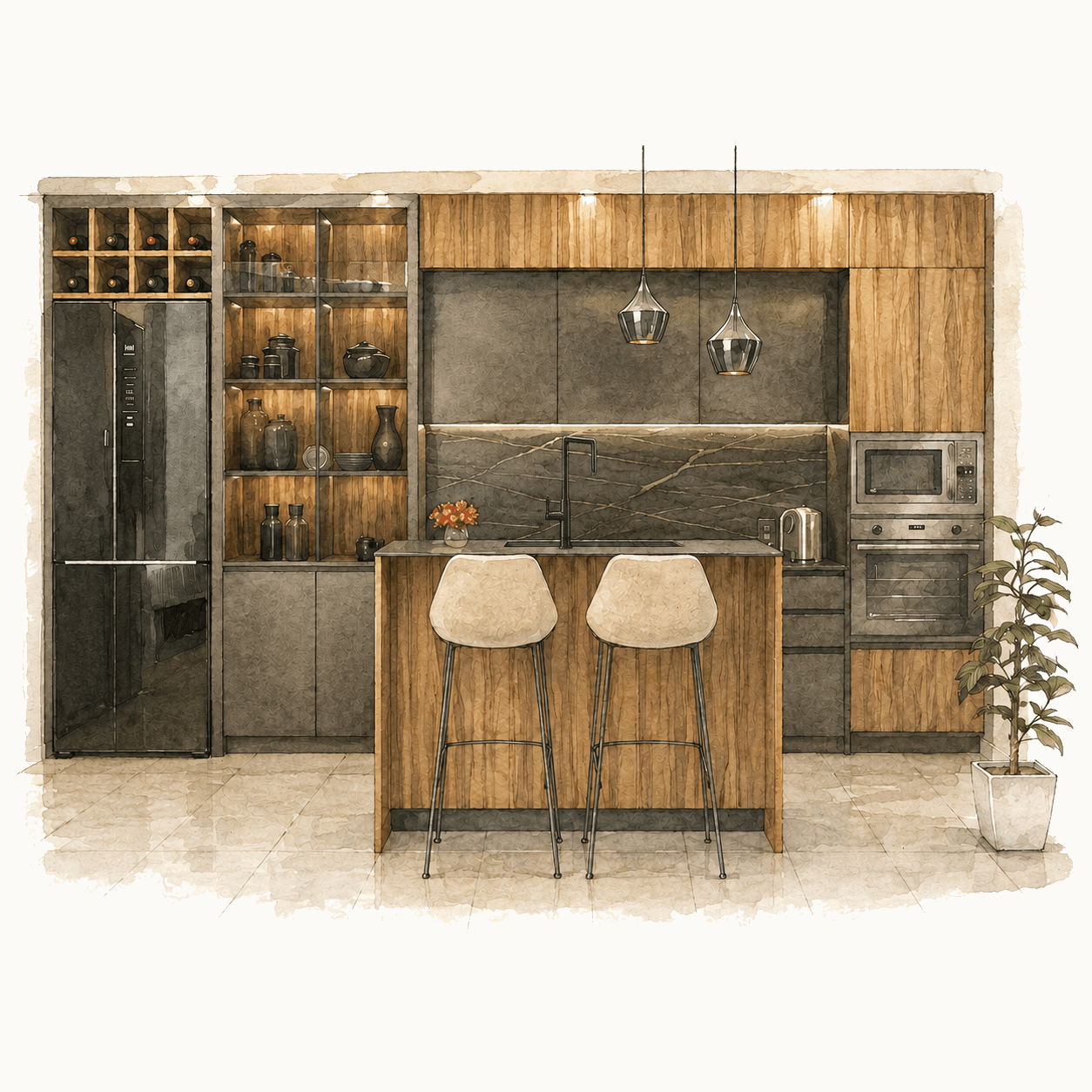 Illustration of a modern wood and grey kitchen with black appliances