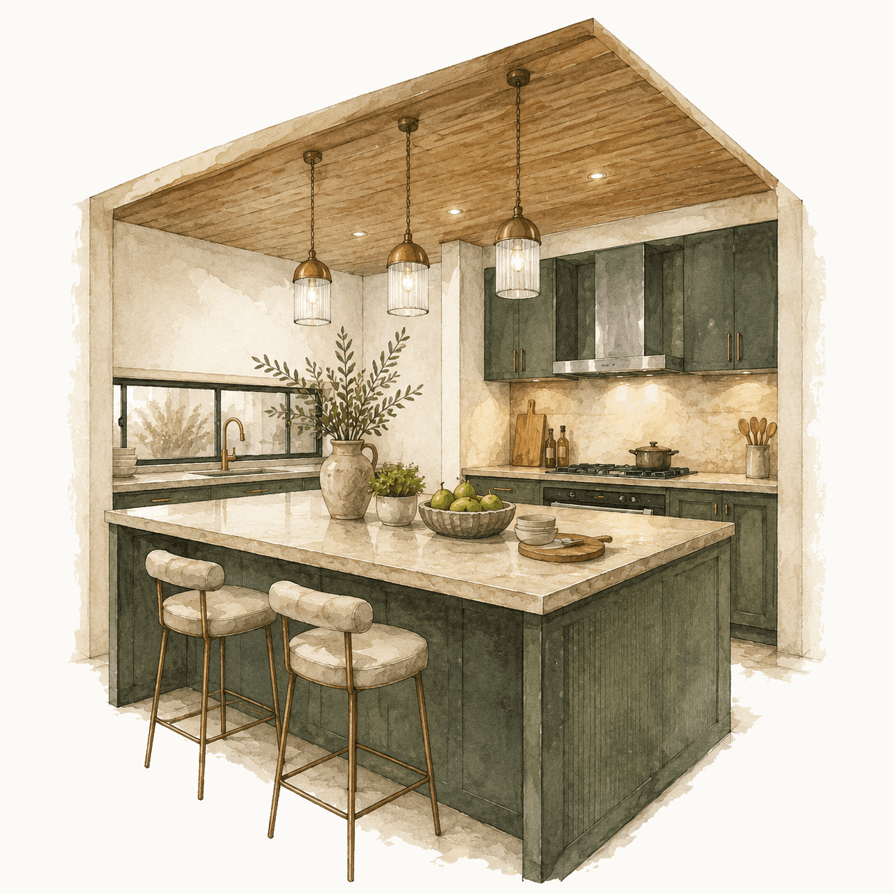 Illustration of a sage green kitchen with wood ceiling and marble island
