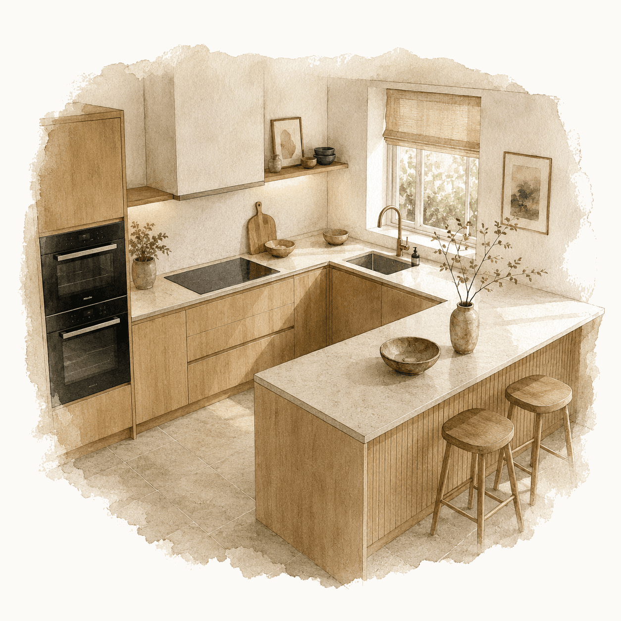 Illustration of a Scandinavian light wood kitchen with breakfast bar