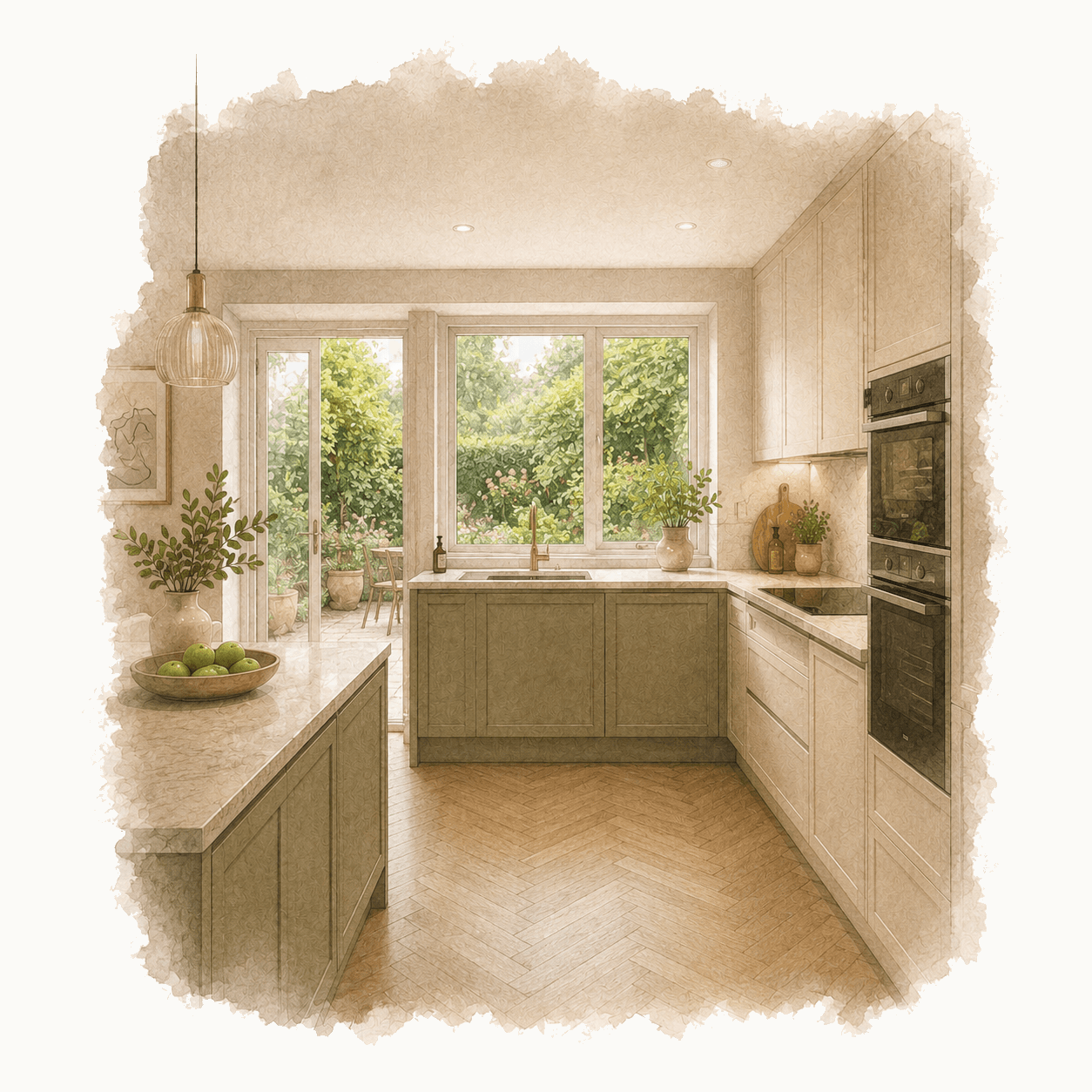 Illustration of a soft green and cream kitchen with a garden view