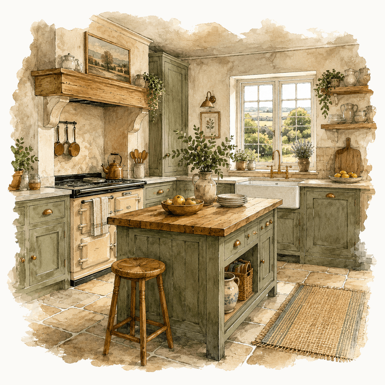 Illustration of a traditional country kitchen with green cabinets