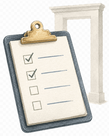 An illustrated clipboard with a doorway behind it