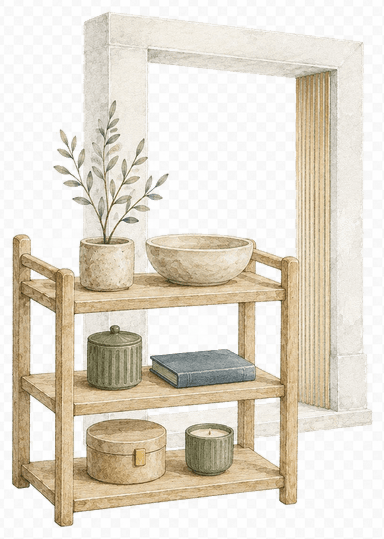 A small illustrated shelving unit