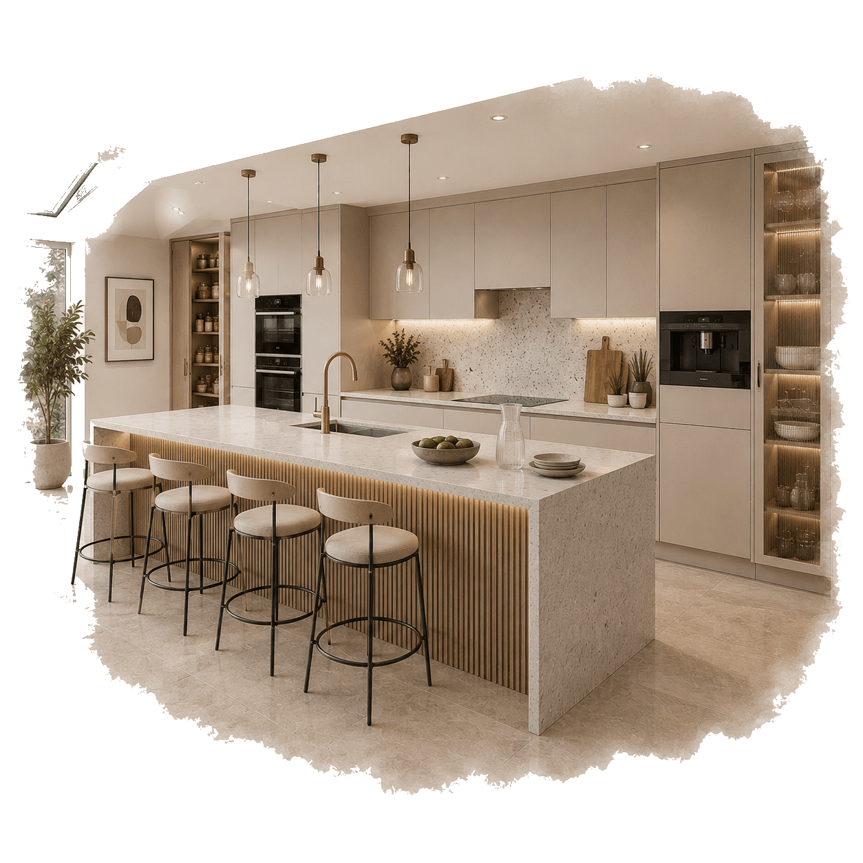 Illustration of an elegant taupe kitchen with statement island across renovation stages