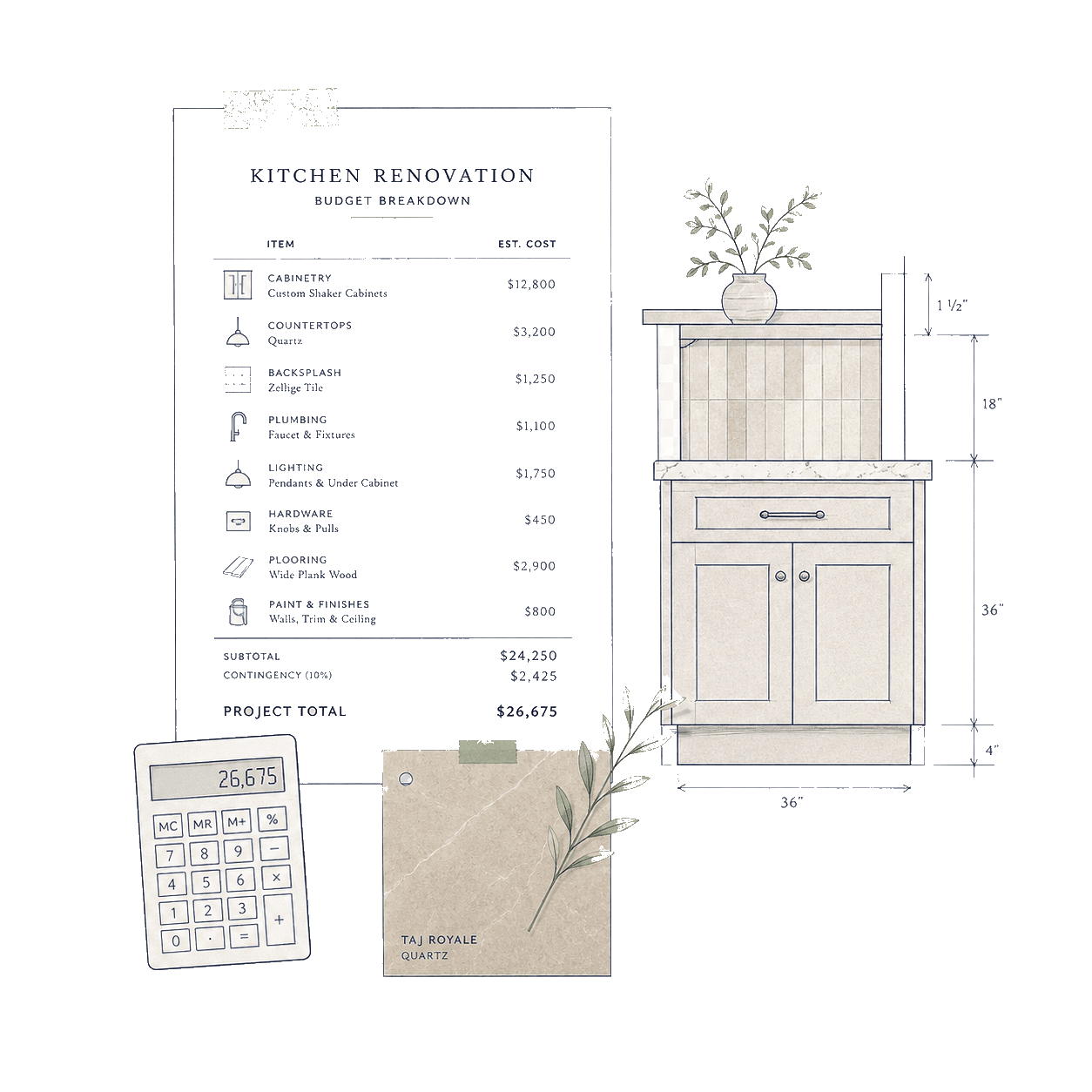 Budget breakdown collage for kitchen renovation spend