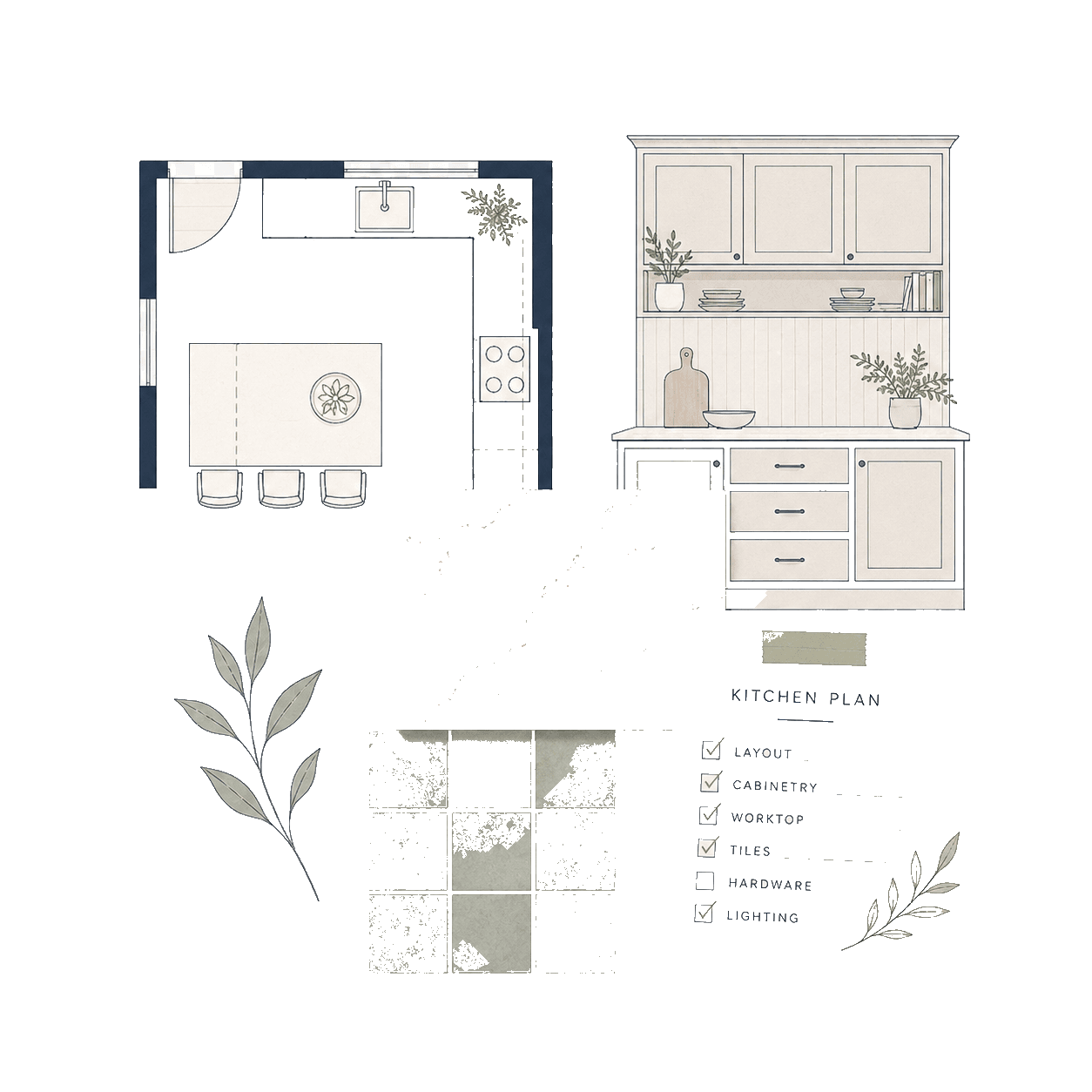 Collage of kitchen planning sketches and notes