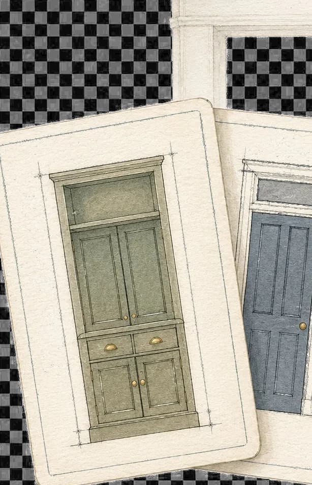Cropped cabinet elevation cards from a kitchen planning illustration. Pocketa kitchen renovation planning fragment. Cropped cabinet elevation cards from a kitchen planning illustration
