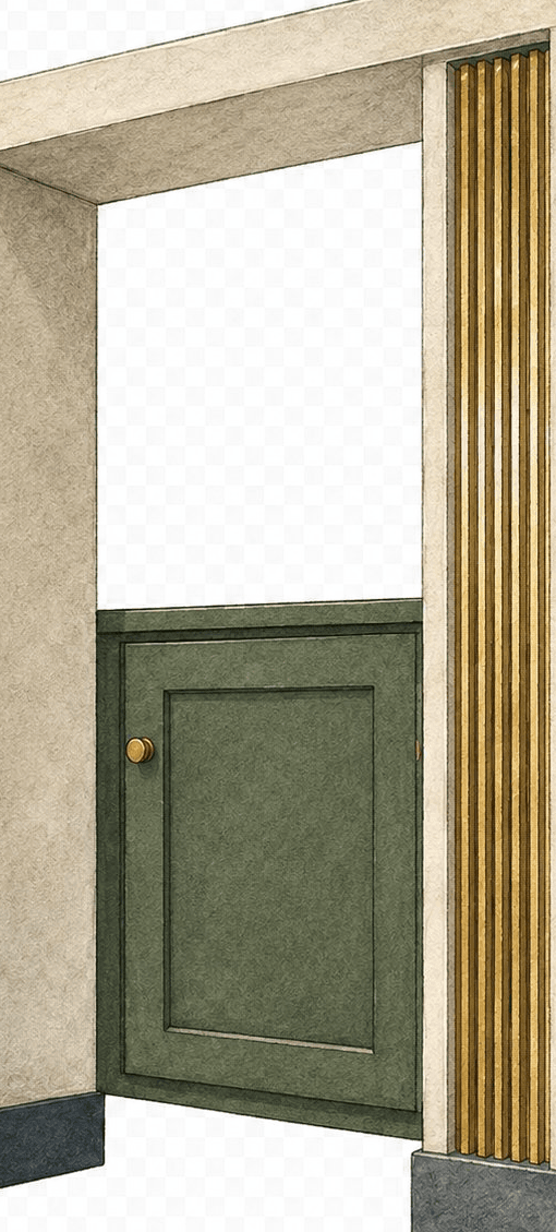 Doorway and cabinet divider illustration fragment. Pocketa kitchen renovation planning fragment. Doorway and cabinet divider illustration fragment