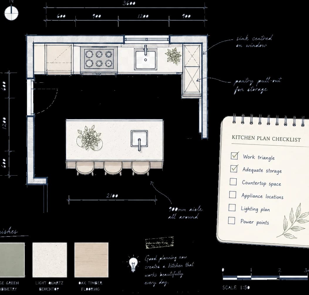 Cropped annotated kitchen floor plan. Pocketa kitchen renovation planning fragment. Cropped annotated kitchen floor plan