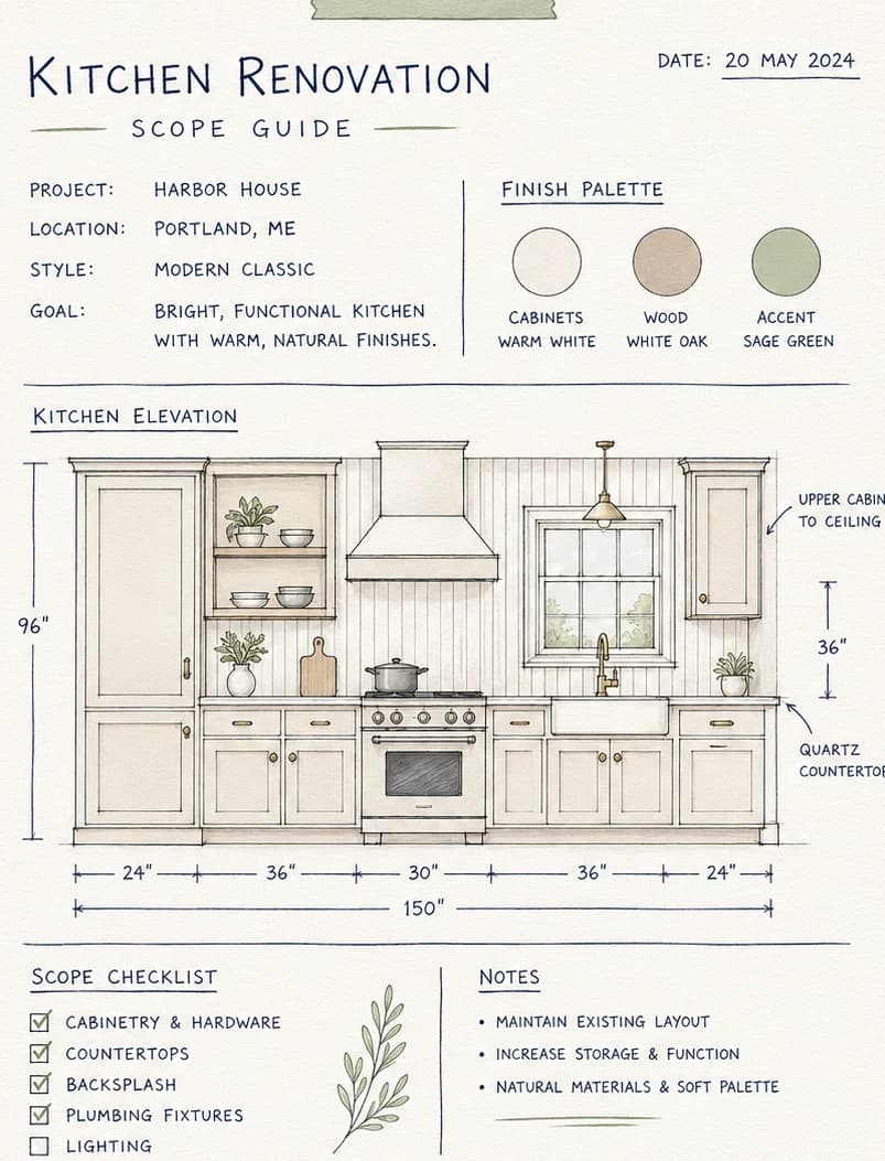 Project scope note sheet fragment. Pocketa kitchen renovation planning fragment. Project scope note sheet fragment