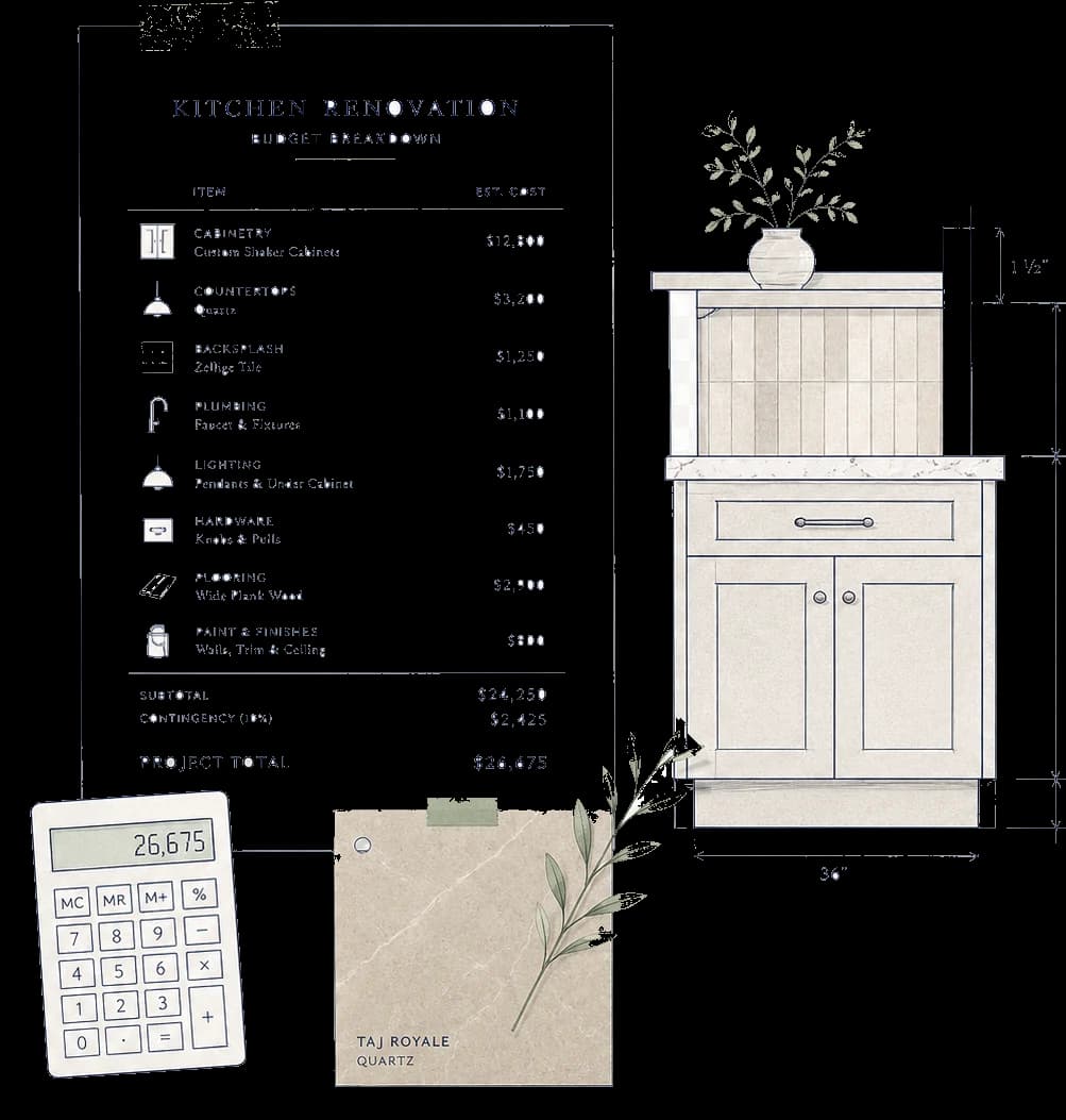 Kitchen renovation quote and spend breakdown fragment. Pocketa kitchen renovation planning fragment. Kitchen renovation quote and spend breakdown fragment