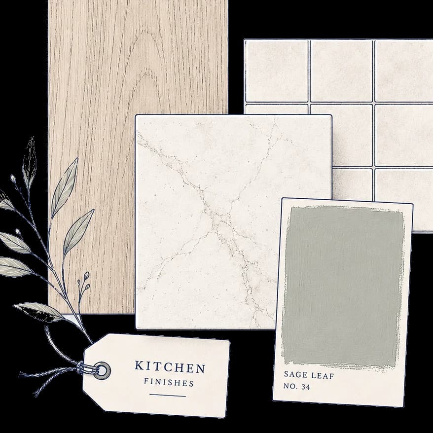 Kitchen finish sample swatch board fragment. Pocketa kitchen renovation planning fragment. Kitchen finish sample swatch board fragment