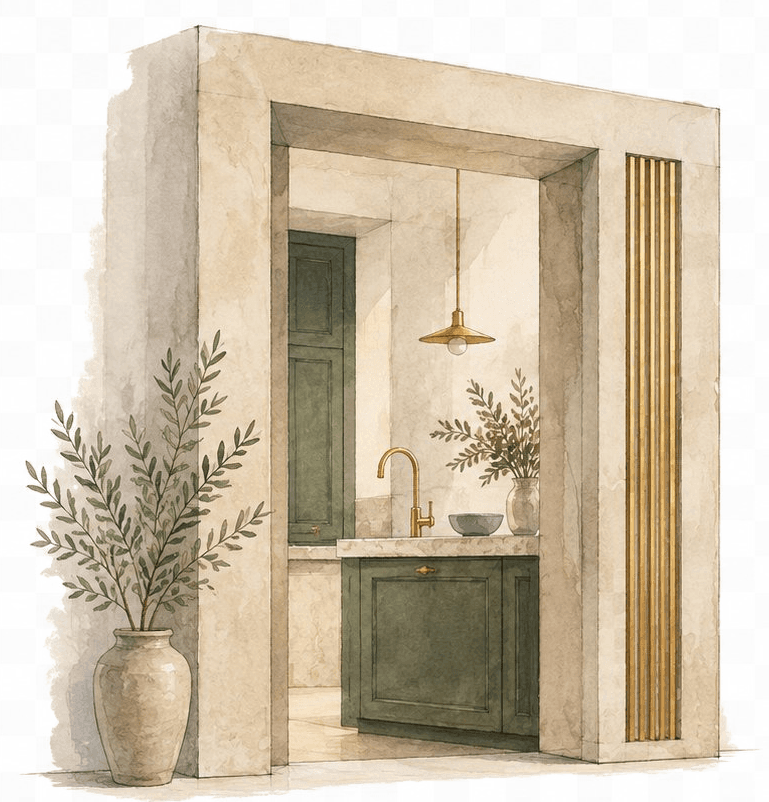 An open doorway revealing the start of an organised UK kitchen renovation. Pocketa homepage illustration for Pocketa. An open doorway revealing the start of an organised UK kitchen renovation