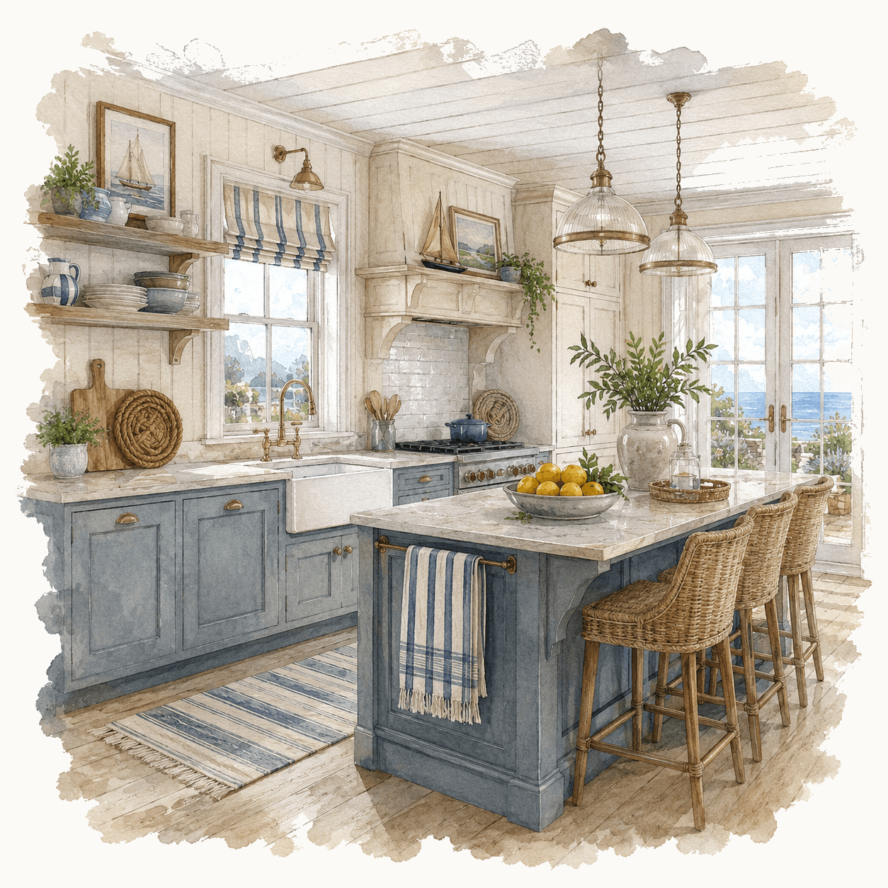 Illustration of a coastal blue and white kitchen with rattan bar stools. UK kitchen renovation illustration for Pocketa. Illustration of a coastal blue and white kitchen with rattan bar stools