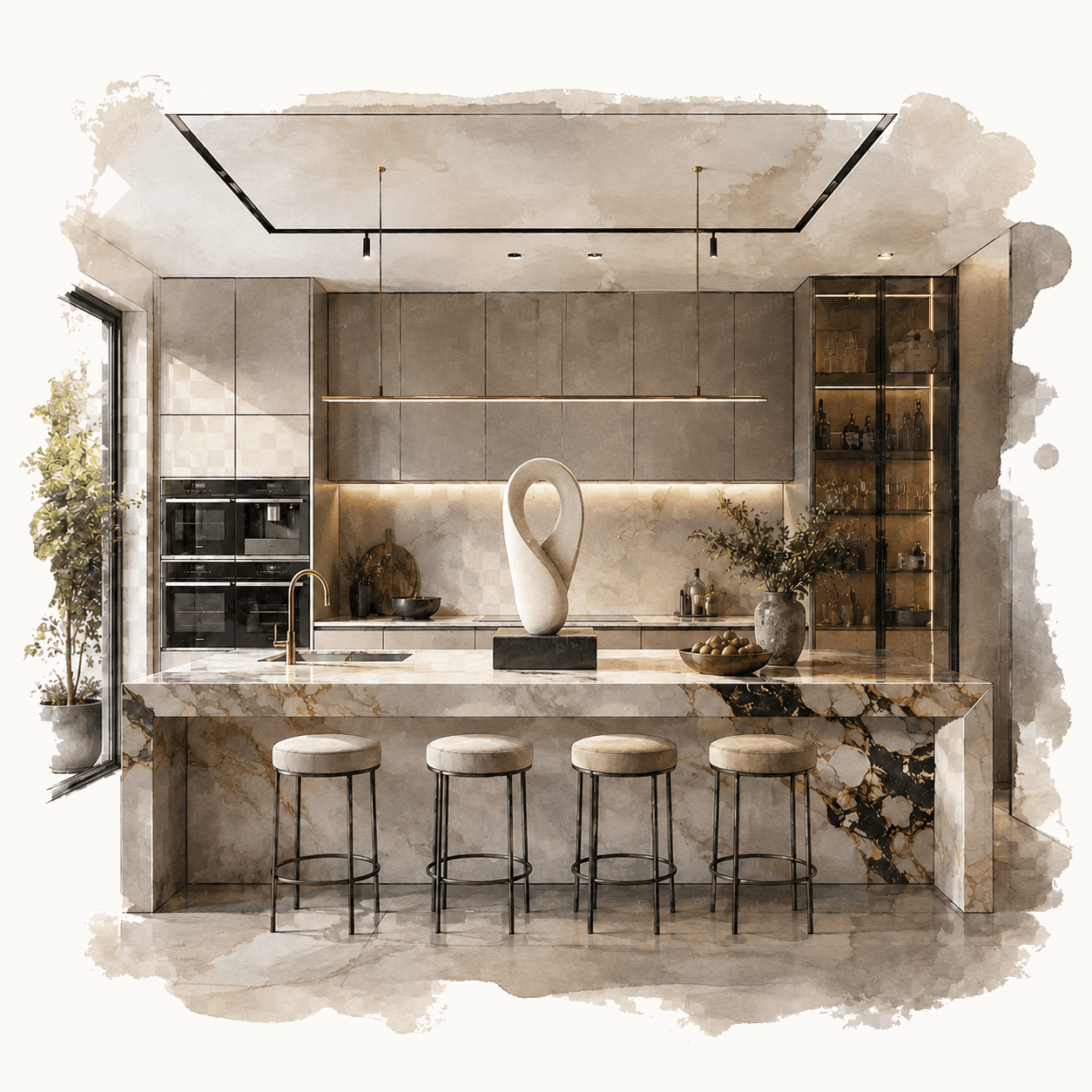 Illustration of a high-end modern marble kitchen with gold accents