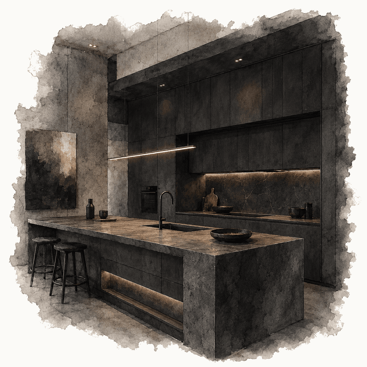 Illustration of an industrial dark stone kitchen with clean lines. UK kitchen renovation illustration for Pocketa. Illustration of an industrial dark stone kitchen with clean lines