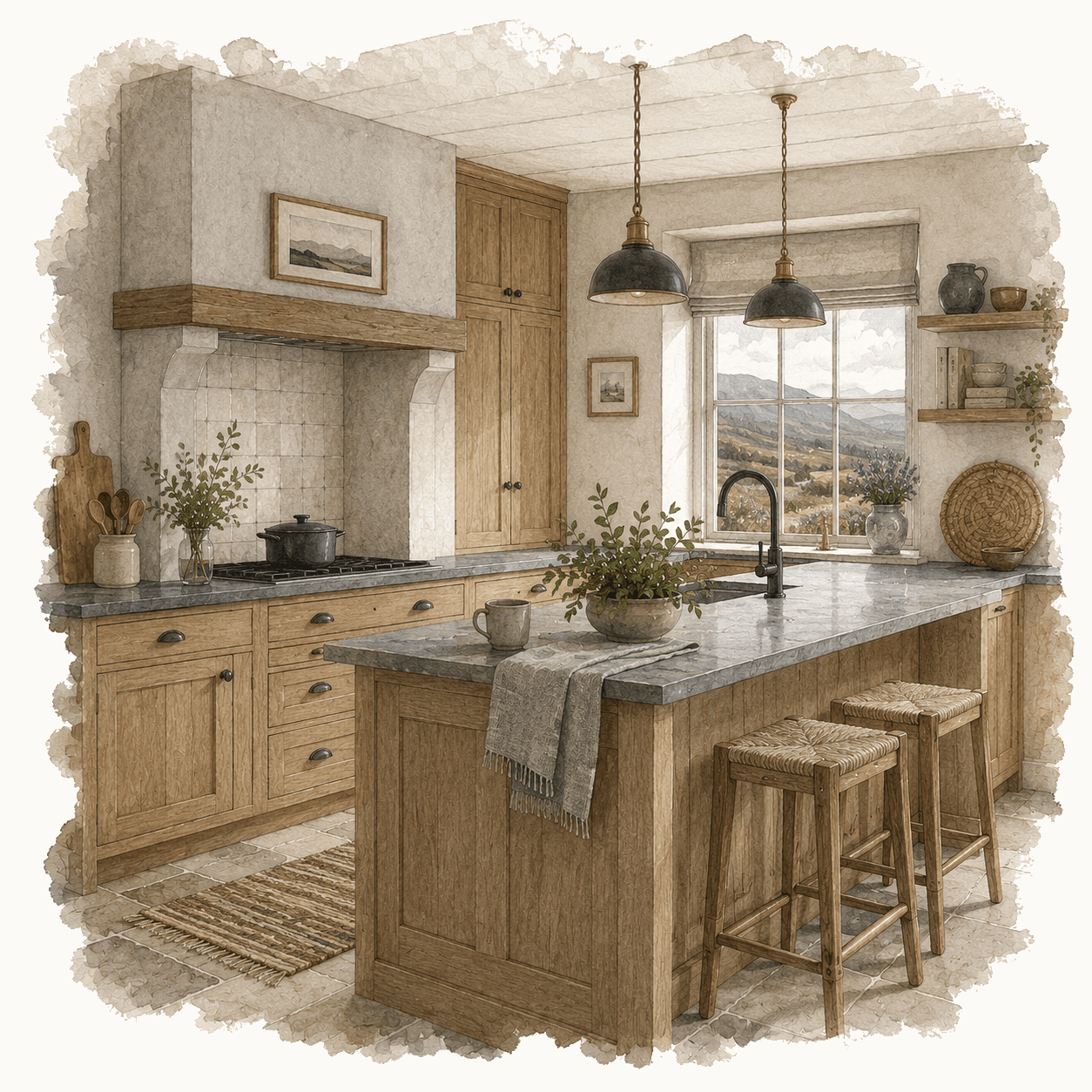 Illustration of a rustic country kitchen with wooden island. UK kitchen renovation illustration for Pocketa. Illustration of a rustic country kitchen with wooden island