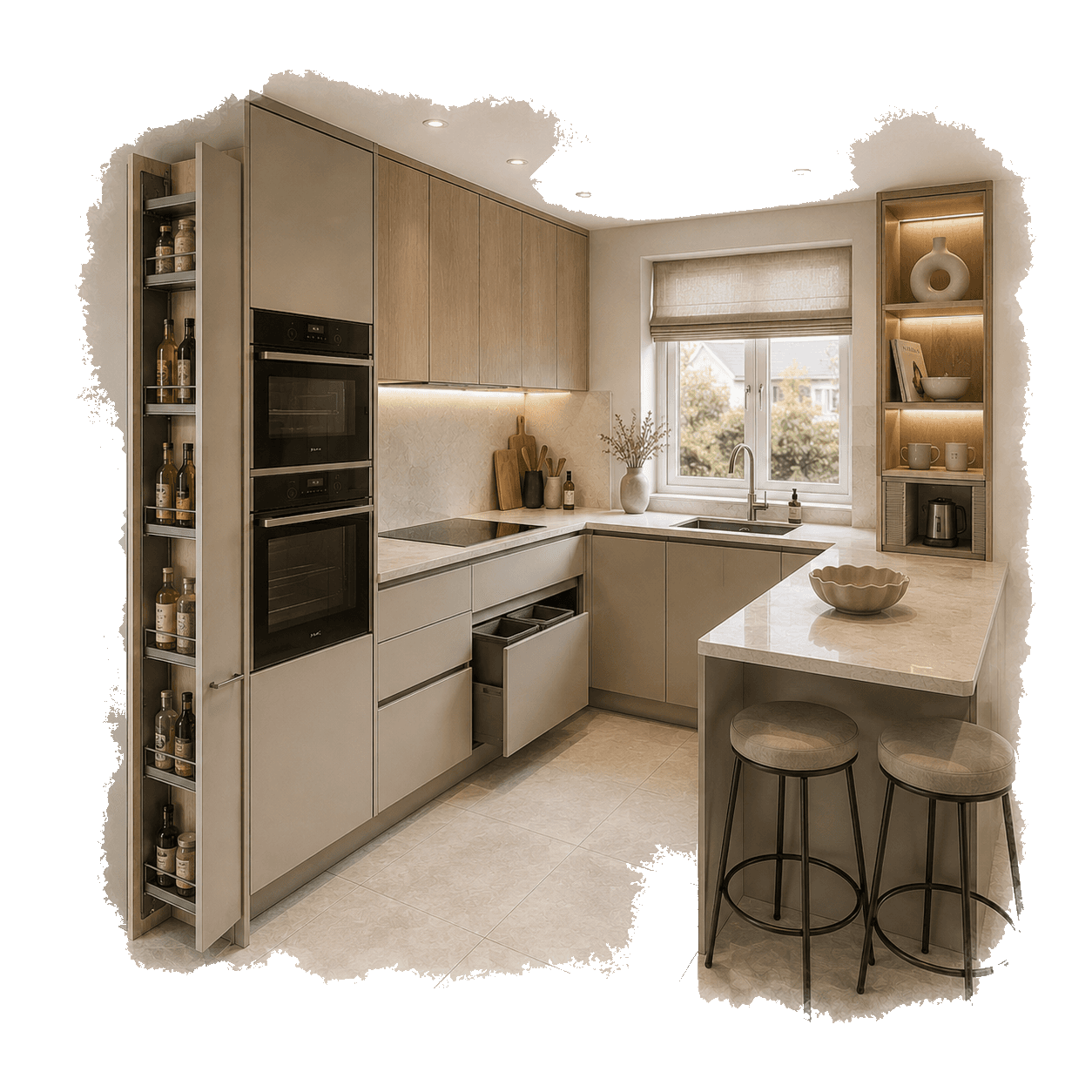 Illustration of a compact modern neutral kitchen with pull out larder storage. Pocketa Project Library guide illustration for Pocketa. Illustration of a compact modern neutral kitchen with pull out larder storage