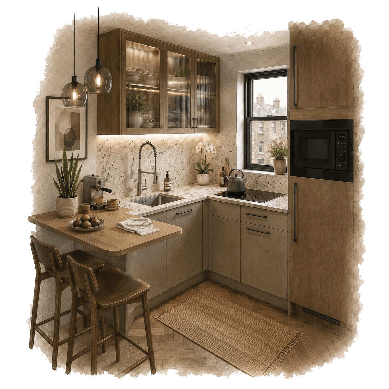 Illustration of a compact wood kitchen with breakfast ledge for building a renovation project brief. Pocketa Project Library guide illustration for Pocketa. Illustration of a compact wood kitchen with breakfast ledge for building a renovation project brief