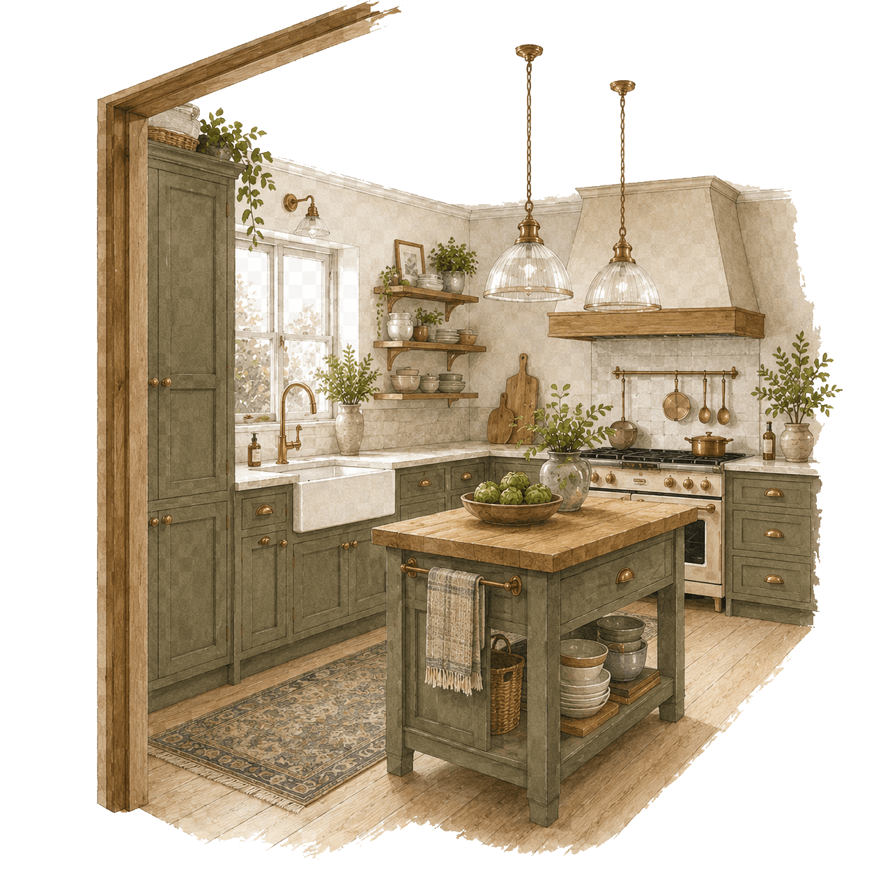 Illustration of a country sage kitchen with freestanding island for commonly missed renovation items. Pocketa Project Library guide illustration for Pocketa. Illustration of a country sage kitchen with freestanding island for commonly missed renovation items