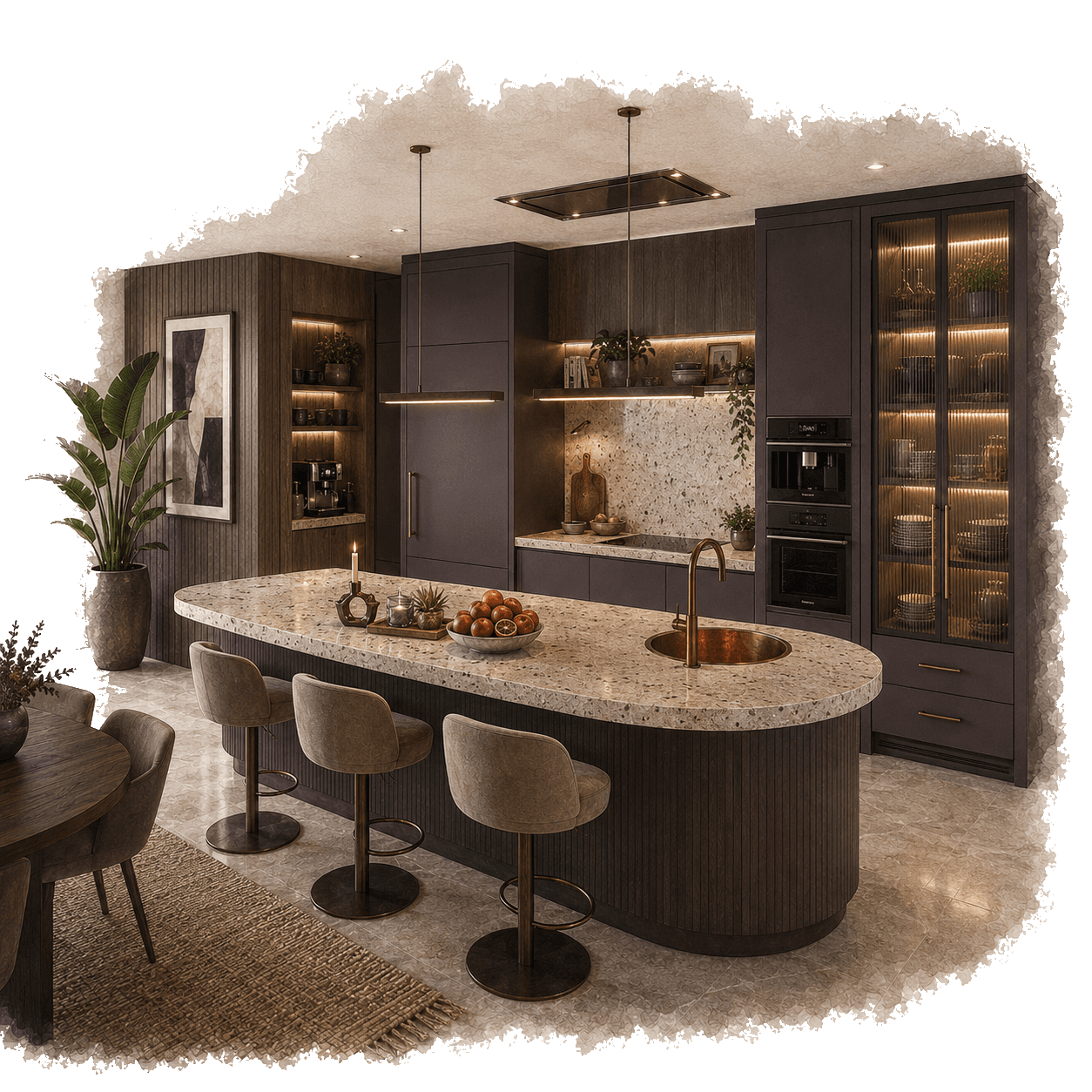 Illustration of a luxury dark kitchen with curved island for reviewing kitchen quote inclusions. Pocketa Project Library guide illustration for Pocketa. Illustration of a luxury dark kitchen with curved island for reviewing kitchen quote inclusions