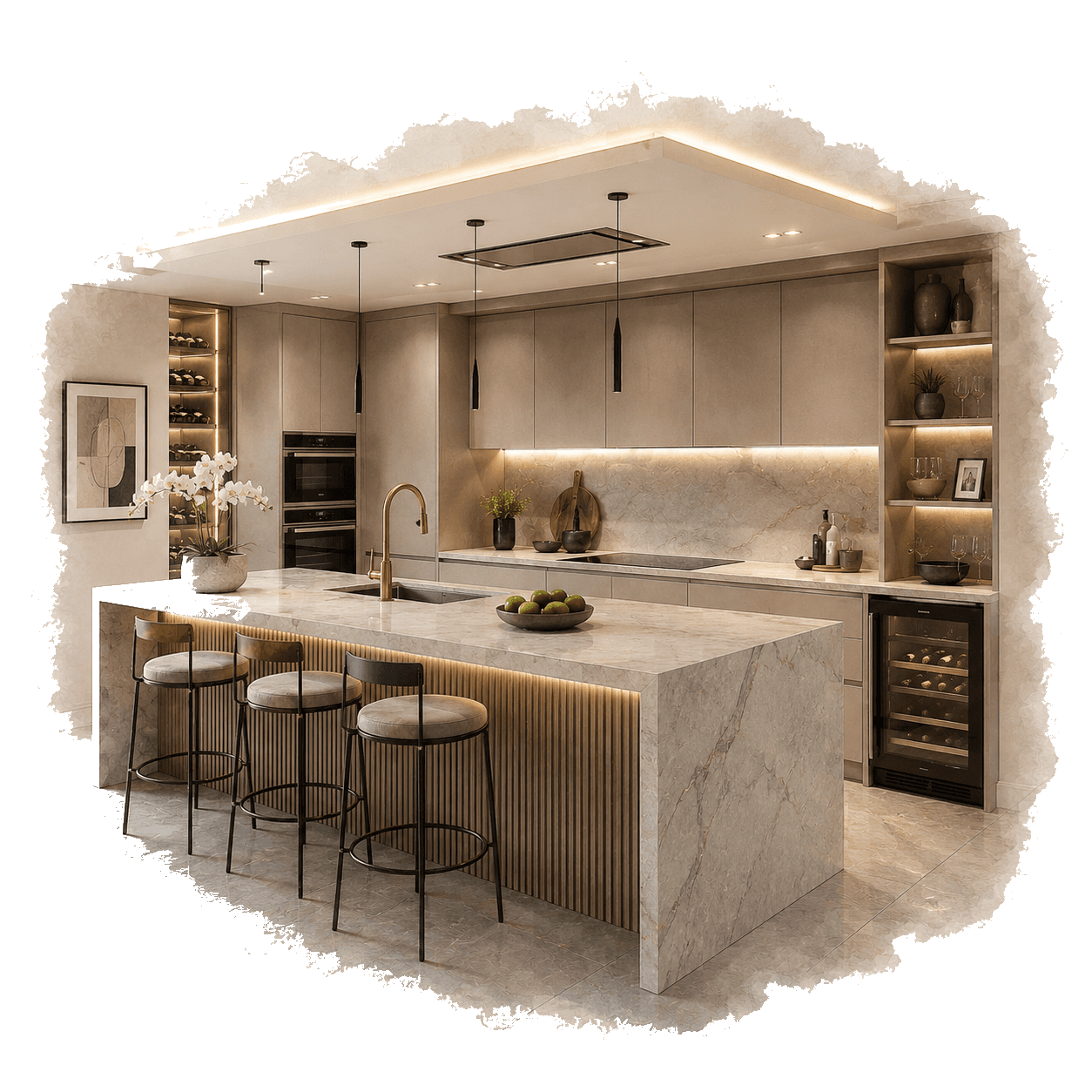 Illustration of a luxury neutral kitchen with marble island for worktop material planning. Pocketa Project Library guide illustration for Pocketa. Illustration of a luxury neutral kitchen with marble island for worktop material planning