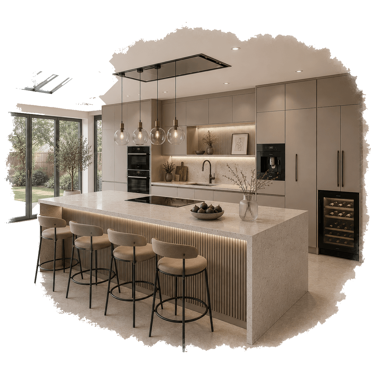 Illustration of a luxury open plan kitchen with a large island for renovation planning. Pocketa Project Library guide illustration for Pocketa. Illustration of a luxury open plan kitchen with a large island for renovation planning
