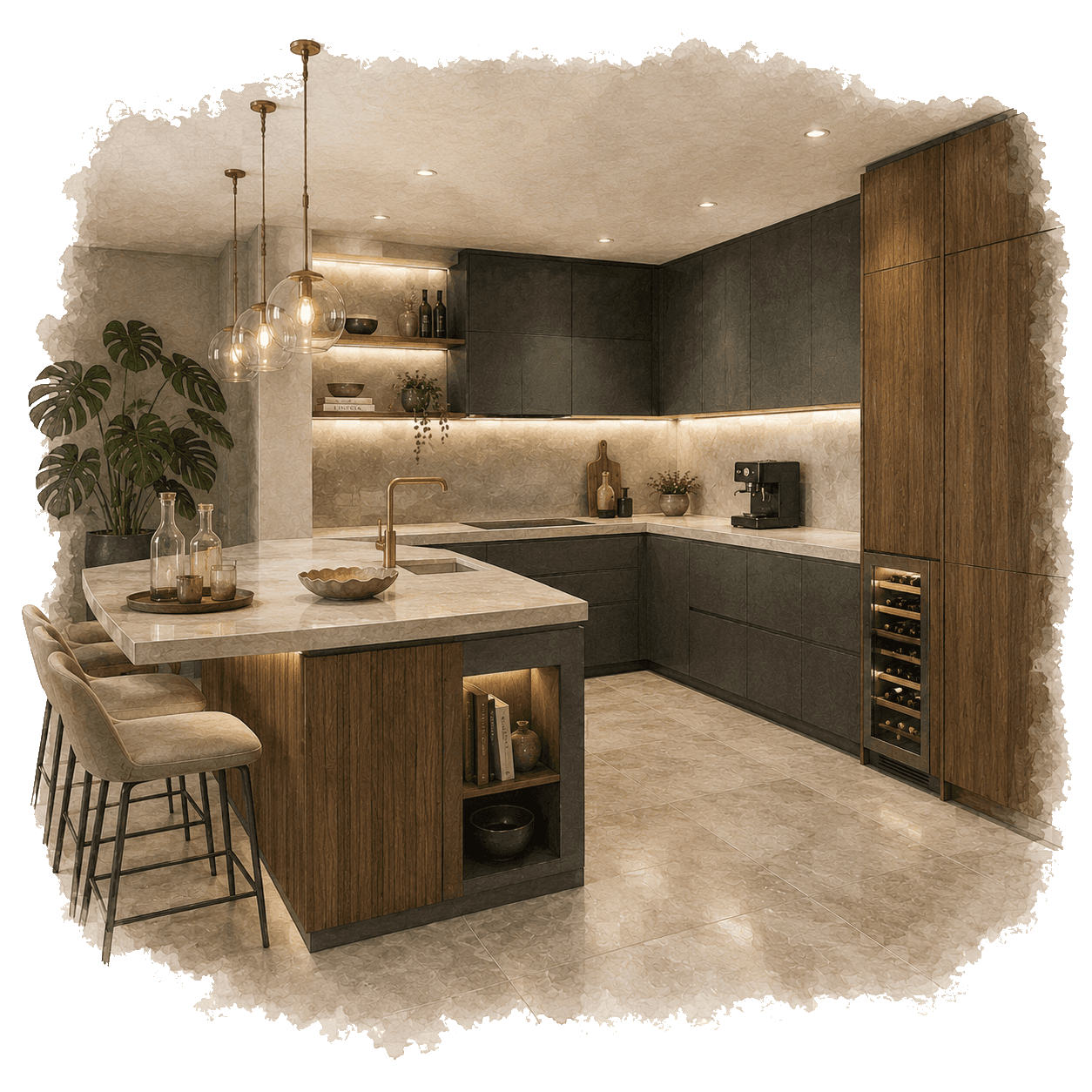 Illustration of a modern dark wood kitchen with island seating for tracking outside purchases. Pocketa Project Library guide illustration for Pocketa. Illustration of a modern dark wood kitchen with island seating for tracking outside purchases