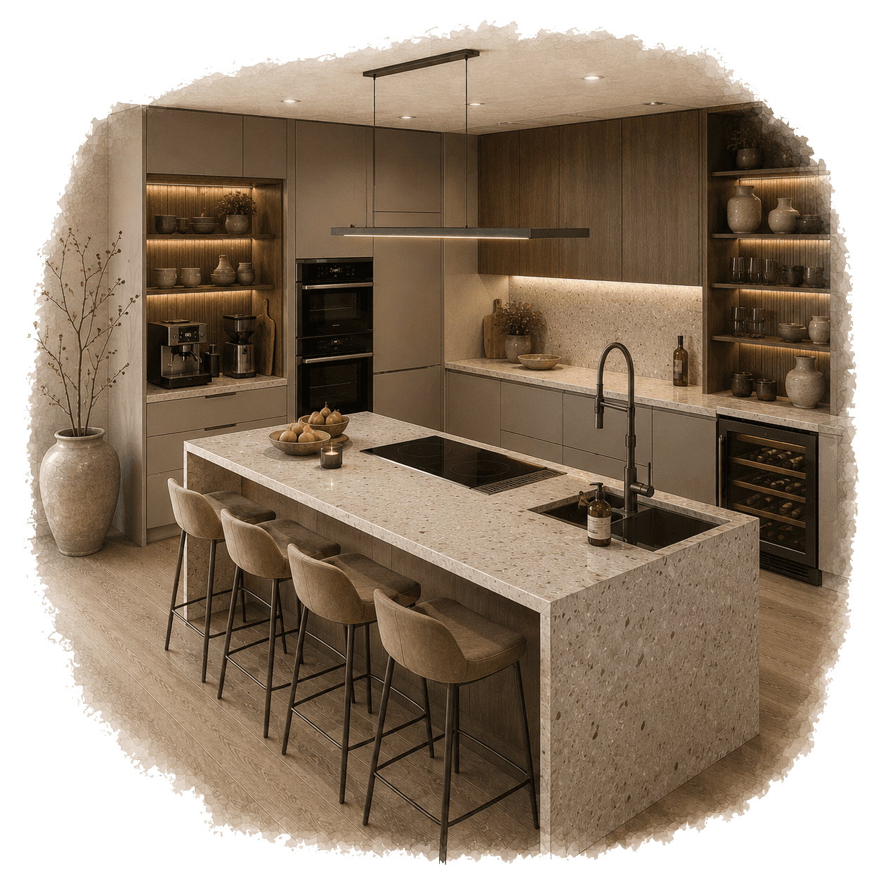 Illustration of a moody taupe kitchen with island seating for budget category planning. Pocketa Project Library guide illustration for Pocketa. Illustration of a moody taupe kitchen with island seating for budget category planning