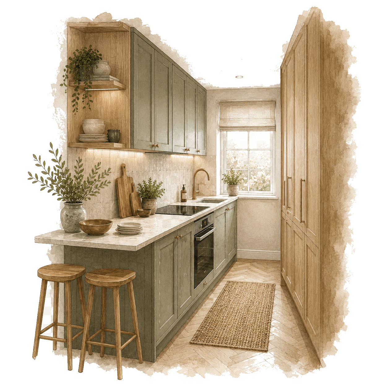 Illustration of a narrow sage kitchen with wood pantry wall for delivery timing and access planning. Pocketa Project Library guide illustration for Pocketa. Illustration of a narrow sage kitchen with wood pantry wall for delivery timing and access planning