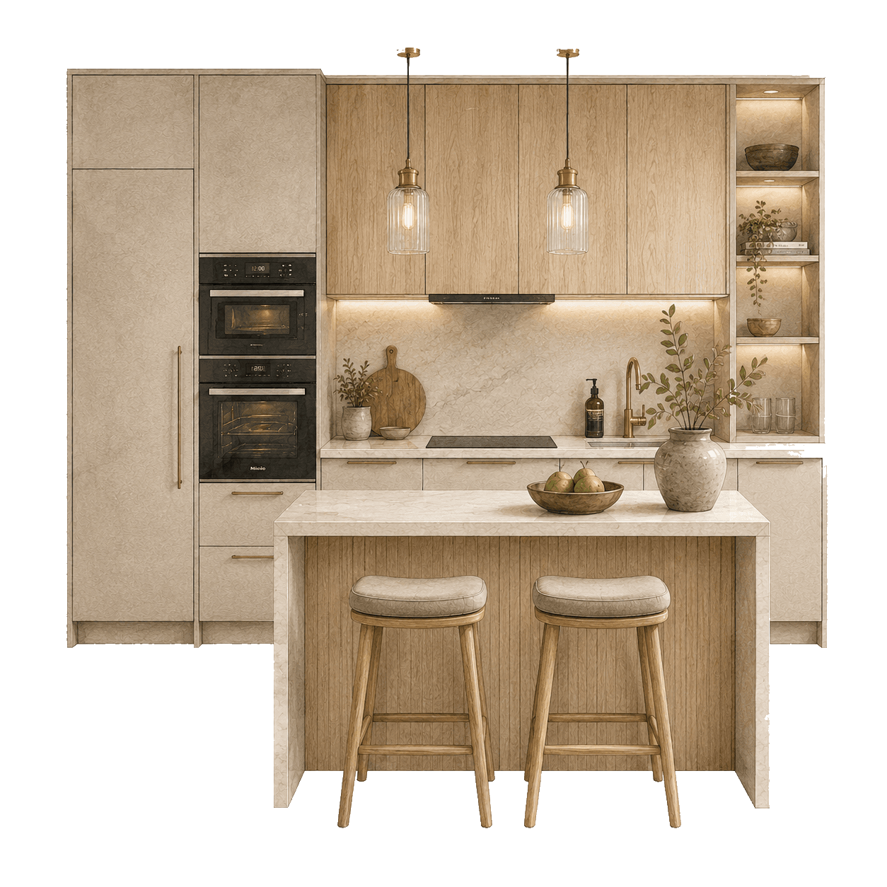 Illustration of a neutral wood kitchen with double oven and island for product planning. Pocketa Project Library guide illustration for Pocketa. Illustration of a neutral wood kitchen with double oven and island for product planning