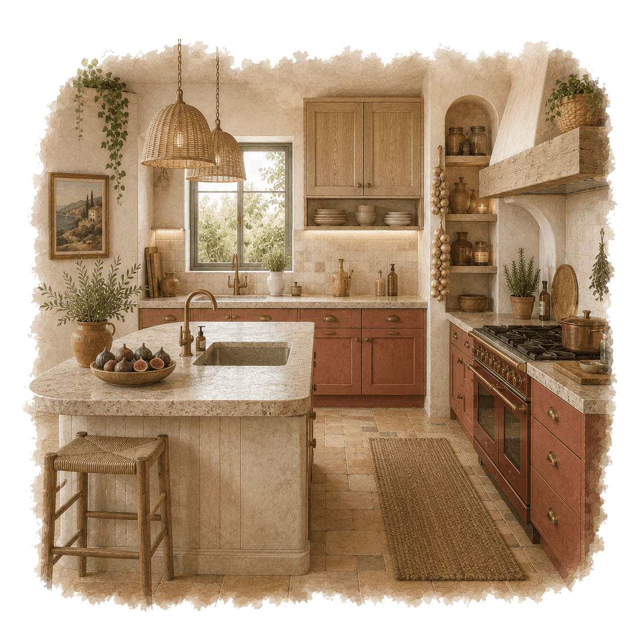 Illustration of a rustic Mediterranean kitchen with range cooker for sink and tap planning. Pocketa Project Library guide illustration for Pocketa. Illustration of a rustic Mediterranean kitchen with range cooker for sink and tap planning