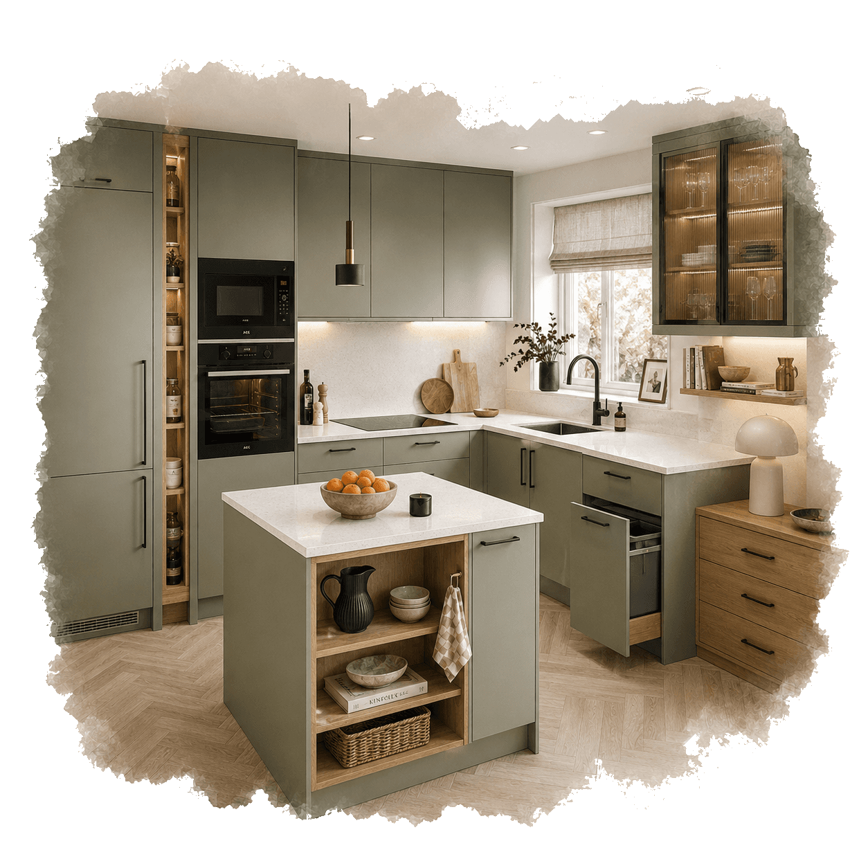 Illustration of a sage green kitchen with compact island for organising a product shortlist. Pocketa Project Library guide illustration for Pocketa. Illustration of a sage green kitchen with compact island for organising a product shortlist