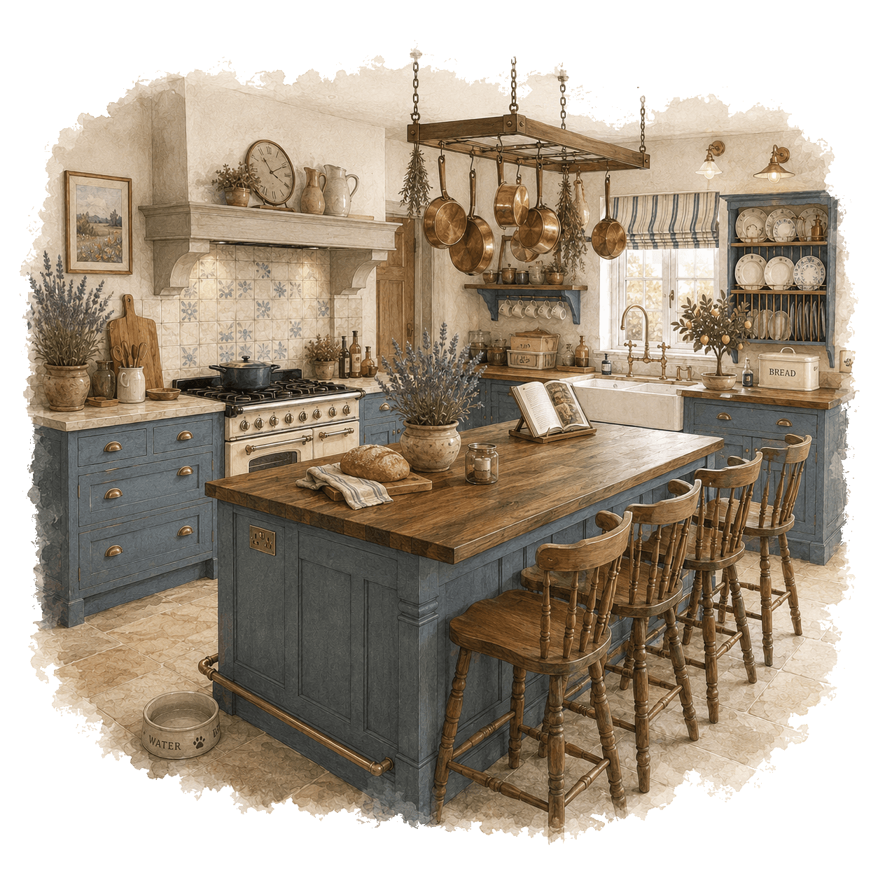 Illustration of a traditional country kitchen with blue cabinetry for sealants, trims and edge finishing checks. Pocketa Project Library guide illustration for Pocketa. Illustration of a traditional country kitchen with blue cabinetry for sealants, trims and edge finishing checks