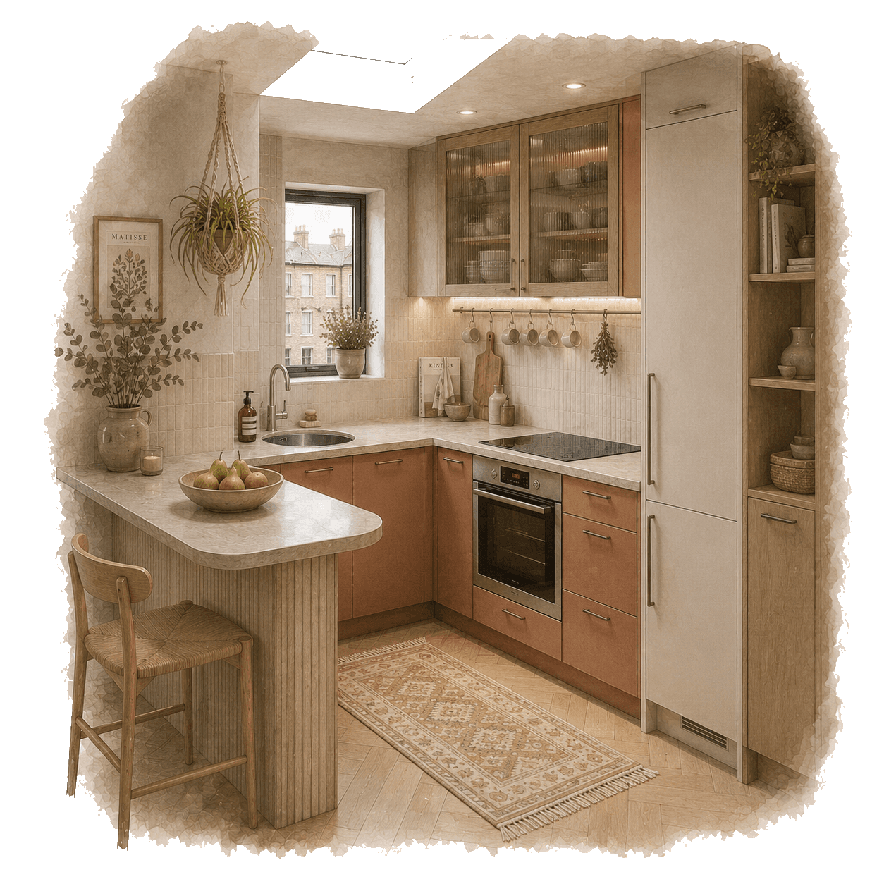 Illustration of a warm compact kitchen with skylight and breakfast bar for snag list and handover records. Pocketa Project Library guide illustration for Pocketa. Illustration of a warm compact kitchen with skylight and breakfast bar for snag list and handover records