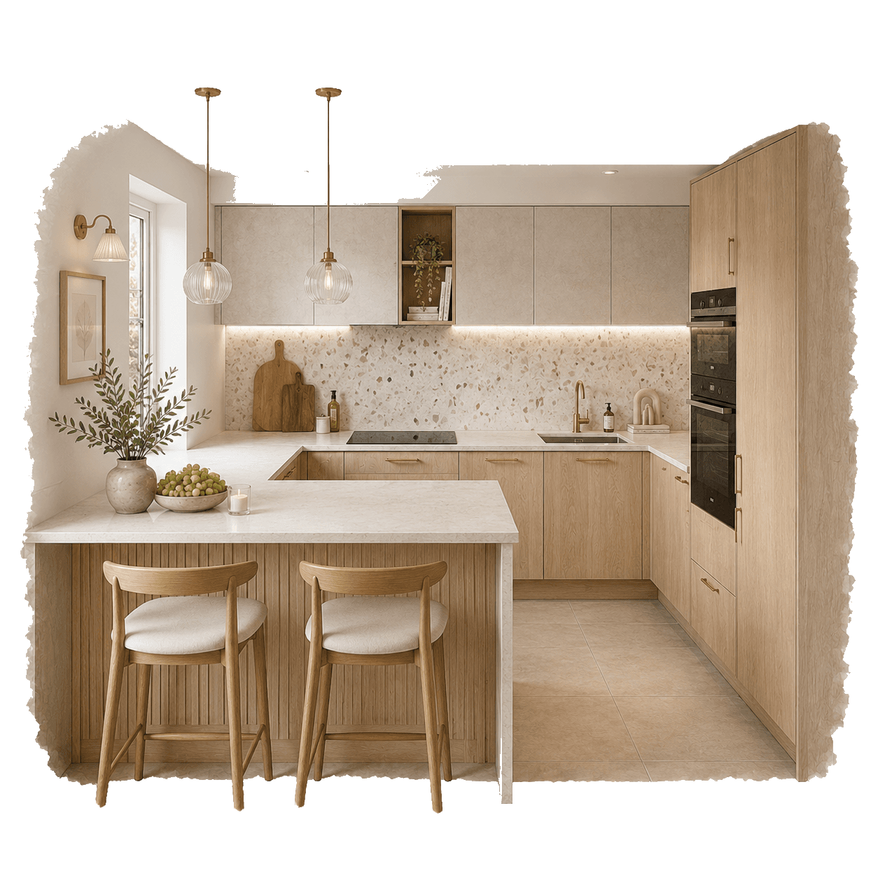 Illustration of a warm natural wood kitchen with breakfast bar for post-measure renovation planning questions. Pocketa Project Library guide illustration for Pocketa. Illustration of a warm natural wood kitchen with breakfast bar for post-measure renovation planning questions