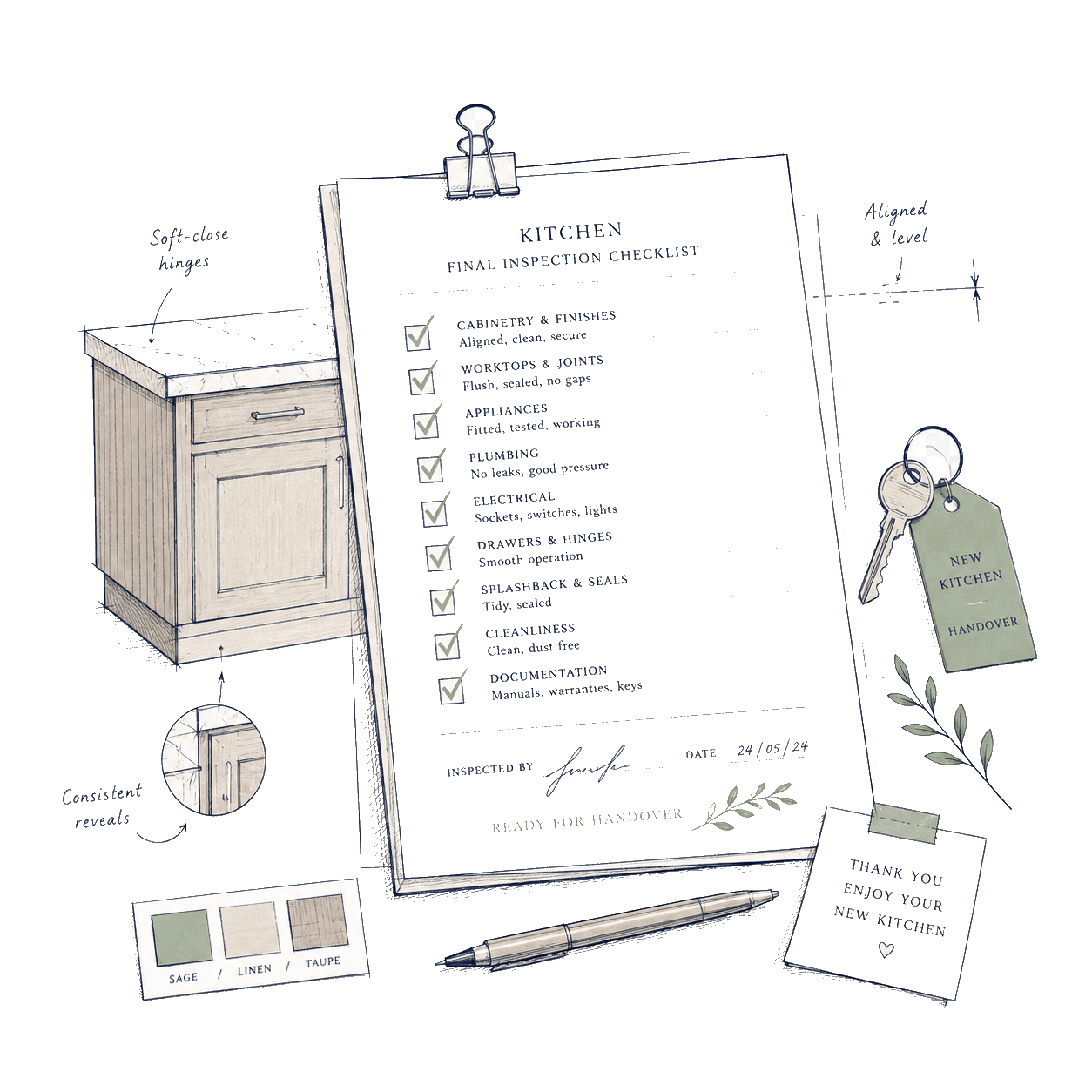 Handover inspection checklist for completion. UK kitchen renovation planning illustration for Pocketa. Handover inspection checklist for completion