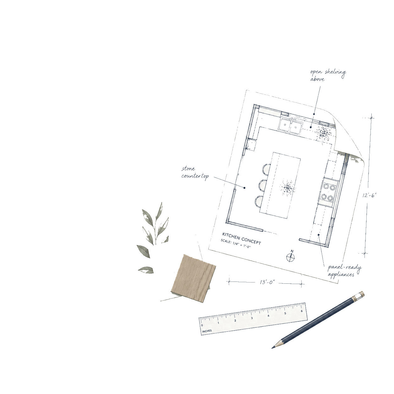 Kitchen plan with material selections. UK kitchen renovation planning illustration for Pocketa. Kitchen plan with material selections