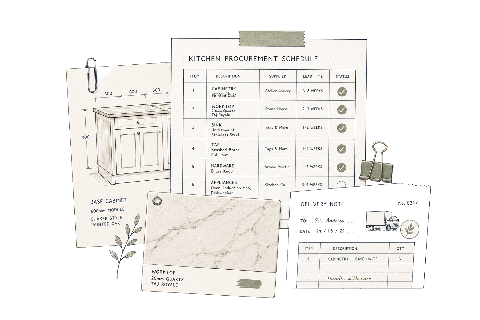 Procurement schedule collage across suppliers. UK kitchen renovation planning illustration for Pocketa. Procurement schedule collage across suppliers